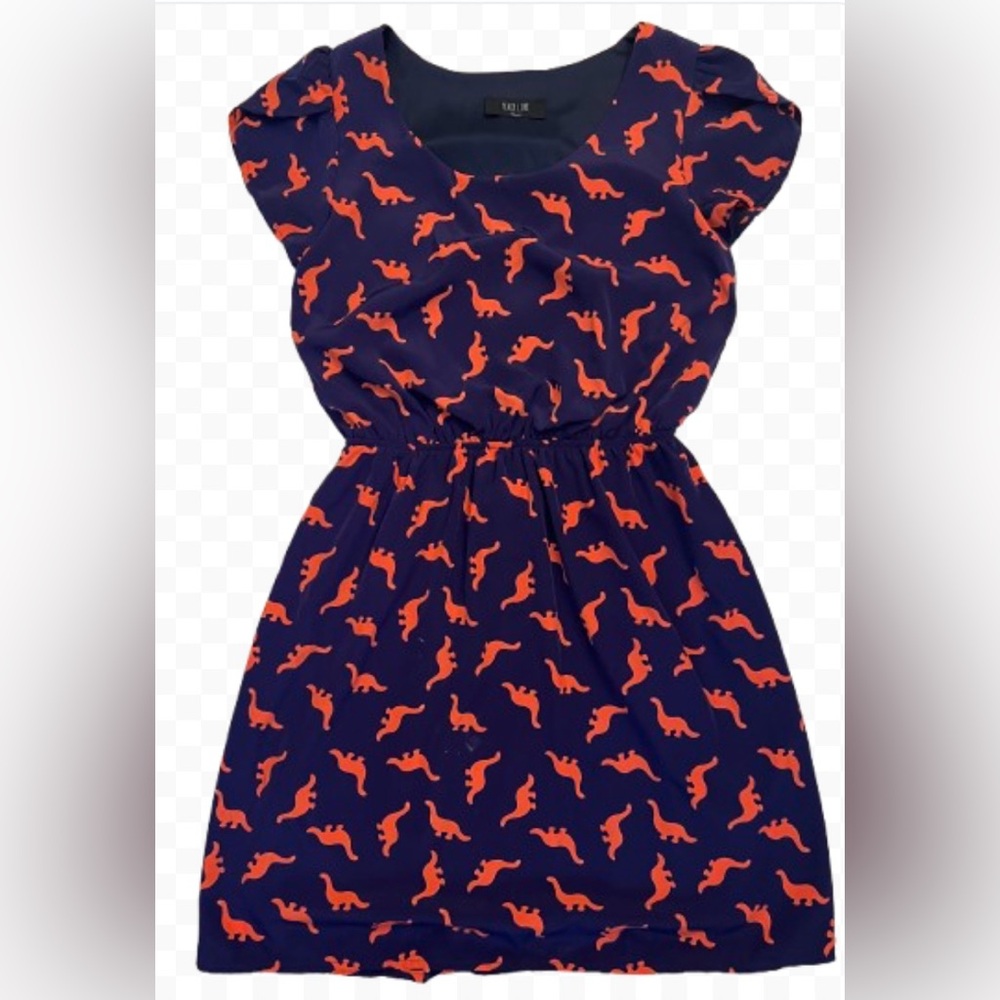 Peach Love Navy & Orange Dinosaur Print Short Sleeve Elastic Waist  Dress Size S